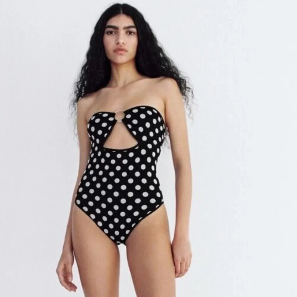 ZARA Polka Dot Strapless BODYSUIT Size M L Black White Ring Detail NEW w/ TAGS - Picture 4 of 9